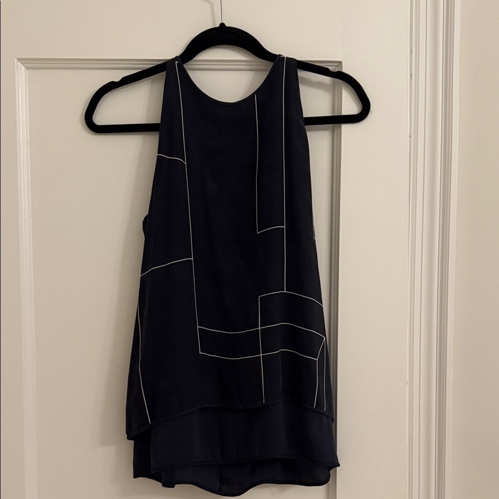 Theory Navy Sleeveless Blouse with White Accents